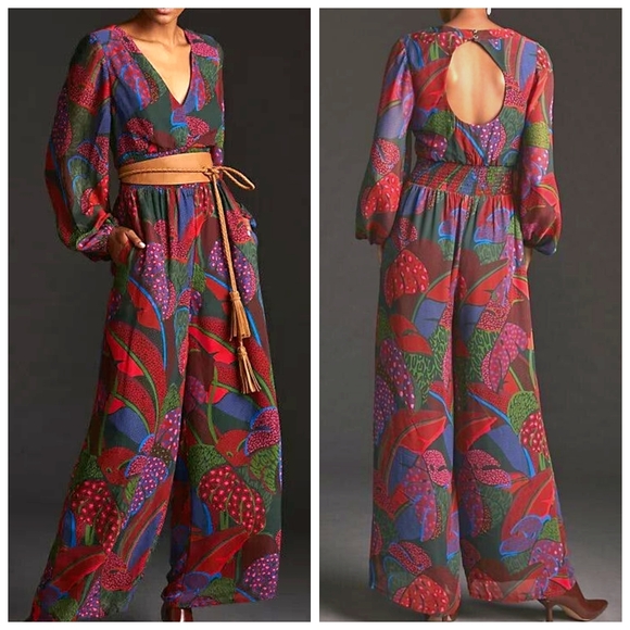 FARM Rio Pants - NWT Farm Rio Wide Leg Jumpsuit, Botanical Print, V-Neck, Back Cutout, Sz XS.